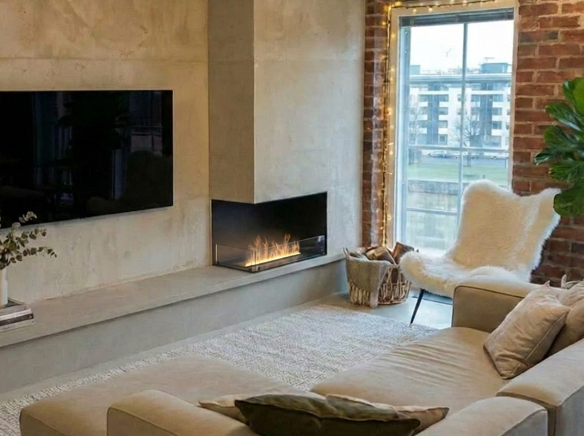 Foco Myst Corner Left 800 water vapour fireplace built into a concrete corner wall in a loft living room with exposed brick