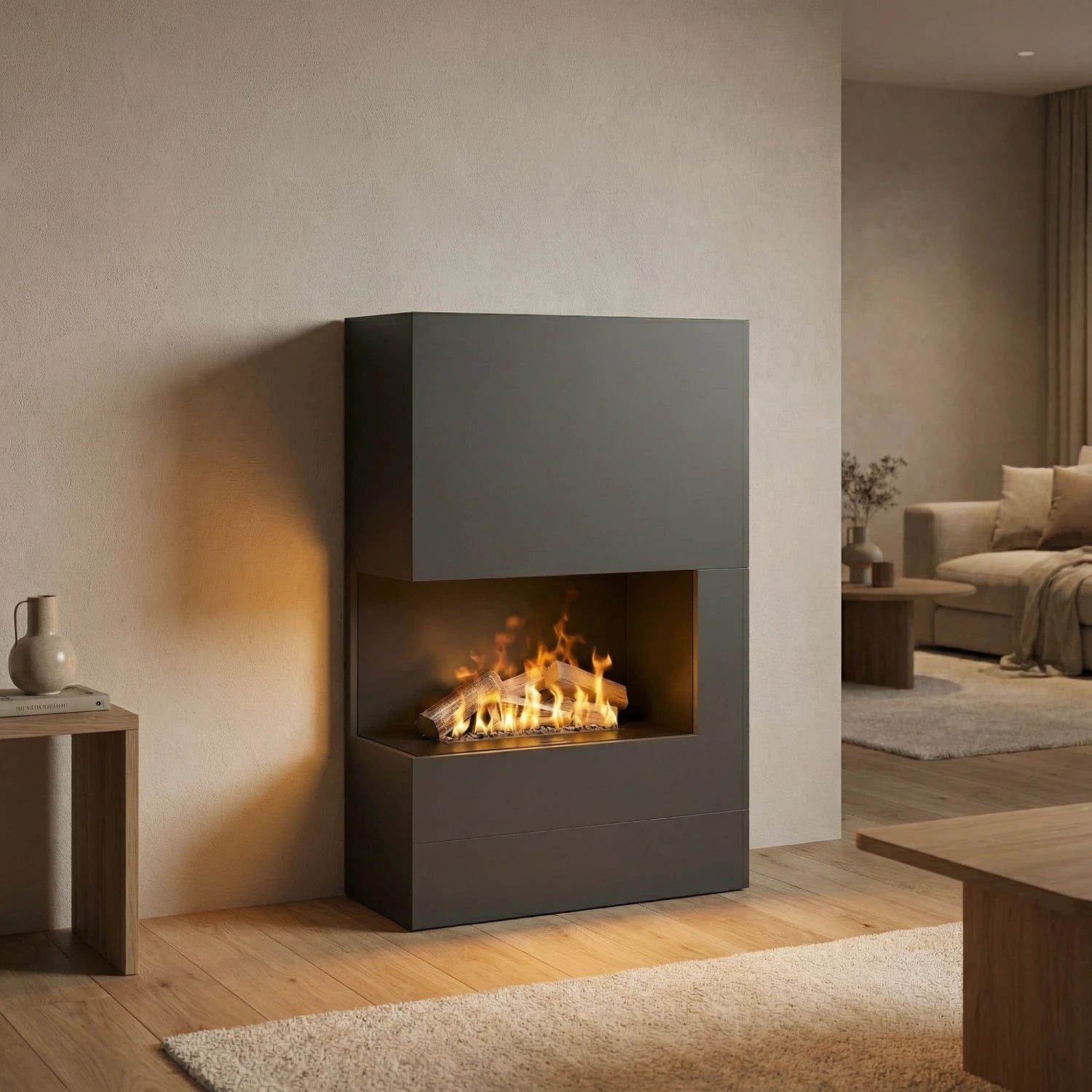 Tucholsky Right Corner Grey - OMC 600 | Freestanding Water Vapour Fireplace