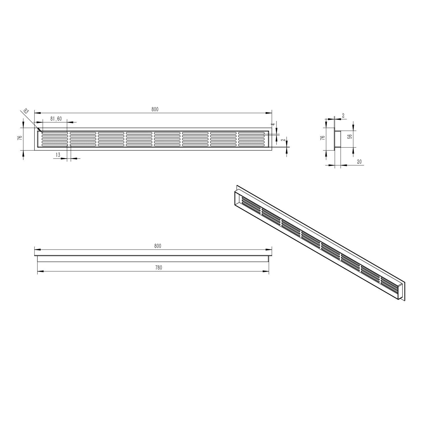 Czarna kratka wentylacyjna - 80x7.6 cm - 210 cm²