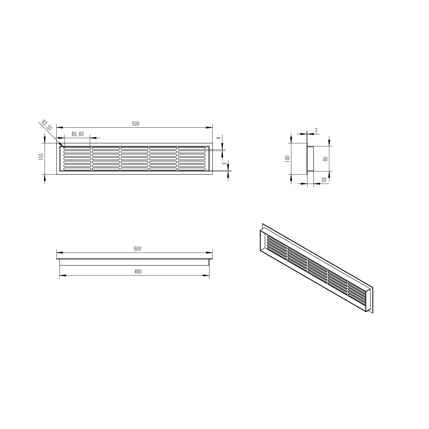 Kratka wentylacyjna biała – 50x10 cm – 214 cm²