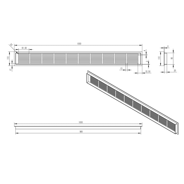 Czarna Kratka Wentylacyjna - 100x11 cm - 420 cm²
